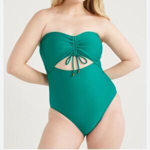 Time And Tru Green Strapless One-Piece Cut Out Ribbed Swimsuit, Size 1X 16W-18W